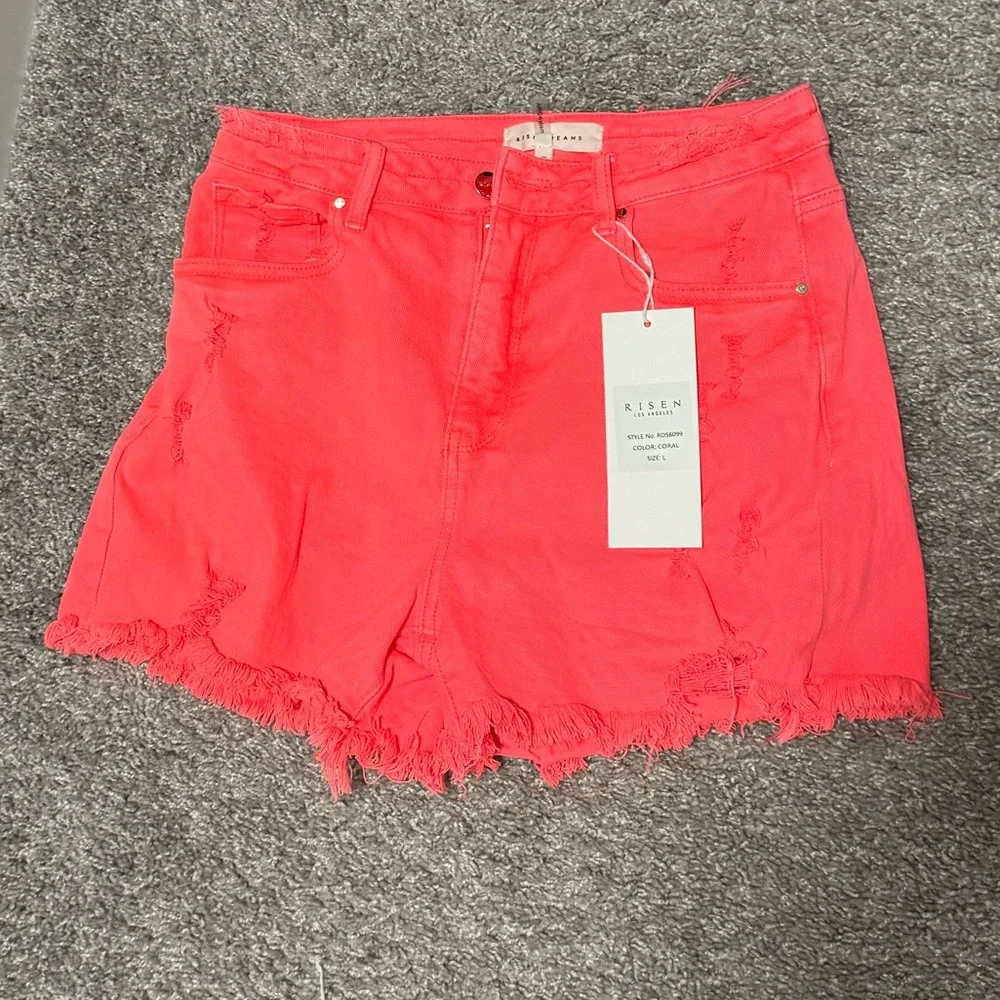 TEAGAN HIGH-RISE DISTRESSED DENIM SHORTS (NEON CORAL) - Picture 2 of 5